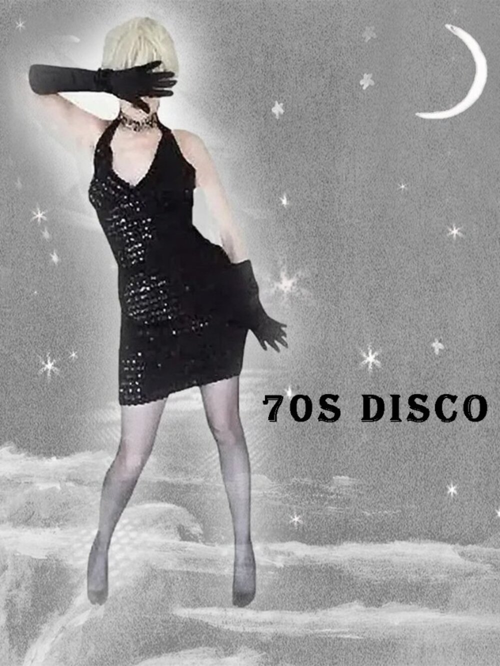 Black Sequin Cocktail Dress Sexy Tight Mini Halter Formal 70s Vintage Disco Era